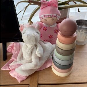 Toy Bundle: My First Doll, Carter’s Unicorn Lovey, and Mushie Stacking Rings